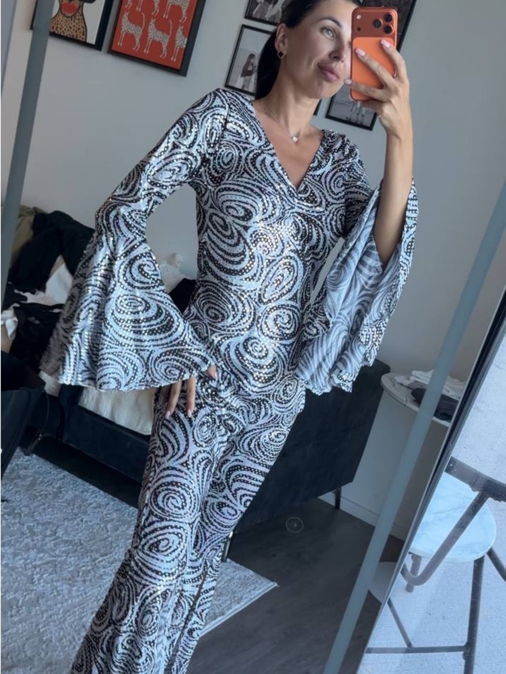 Silver Swirl Bell-Sleeve Jumpsuit